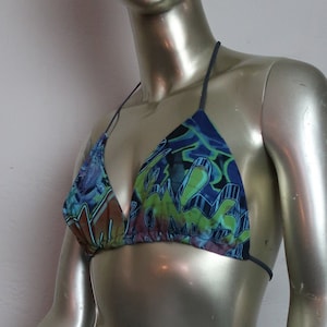 Graffiti Festival Bikini Top - Boho Bikini Top - Blue and Green Halter Top - Street Art Print Halter Top - Festival and Burning Man Fun!