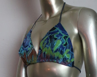 Graffiti Print Bikini Top - Boho Bikini Top - Blue and Green Halter Top - Street Art Print Halter Top - Festival and Burning Man Fun!