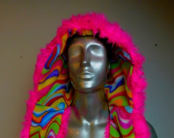 Pink Furry Hood - Faux Fur Hood with ears and attached Scarf -  Bright Pink Fur Furry Scoodie - Psychedelic swirl interior