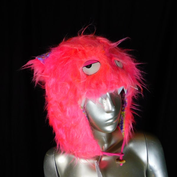 Pink Cosplay Furry Hood - Faux Fur Hood with Ears - Pink Fur Furry Cosplay Animal Hood - Festival Furry Fun!  Pink Hood with Eyes and Teeth