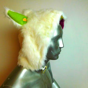 White Faux Fur Hood with Ears: Cosplay Festival Hat