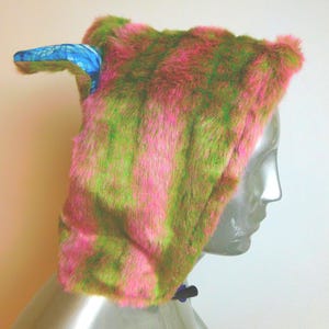 Pink and Green Stripe Faux Fur Hood: Cosplay Animal Hat