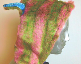 Pink and Green Stripe Faux Fur Hood: Cosplay Animal Hat