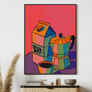 Könnte beinhalten: Gerahmter Kunstdruck mit einem farbenfrohen Stillleben aus einem Milchkarton, einem Espressokocher und einer Tasse Kaffee. Das Kunstwerk verwendet kräftige Umrisse und leuchtende Farben, mit einem roten und rosa Hintergrund.