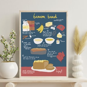 May include: A framed print with a navy blue background features a banana bread recipe with illustrated ingredients and instructions. The title "Banana Bread" is at the top. The recipe includes measurements in cups, teaspoons, and degrees Fahrenheit.