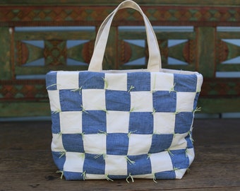 Vintage Quilt made Tote / 1970s 80s Checkerboard Tied Quilt / Denim Jean Canvas / Purse Size / Handmade / Double Sided and Lined / MEDIUM