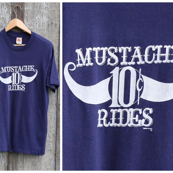 Vtg MUSTACHE RIDES Tee T-Shirt / Paper Thin / Logo 7  / Made USA / 50 50 / Single Stitch / 1970s 1980s / Xl