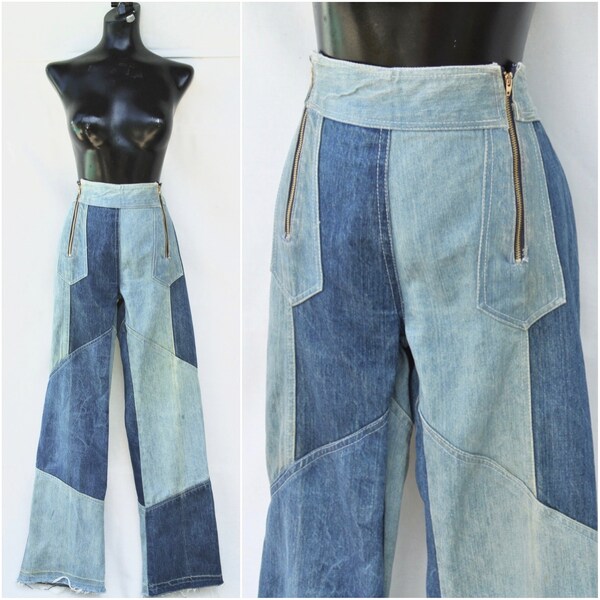 Vintage 70s Patchwork Double Zip Denim Jeans Flare Leg Hippie Boho 2 Tone