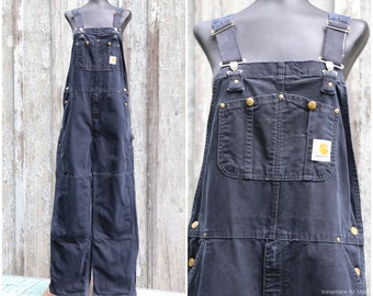 Vtg CARHARTT Overalls / Double Knee / Black Canvas / Utility Painter Work Wear Chore / Worn Distressed  / Up to 38" waist