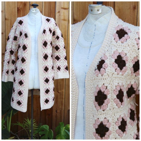 Vtg 60s 70s Crochet Granny Square Cardigan Sweater