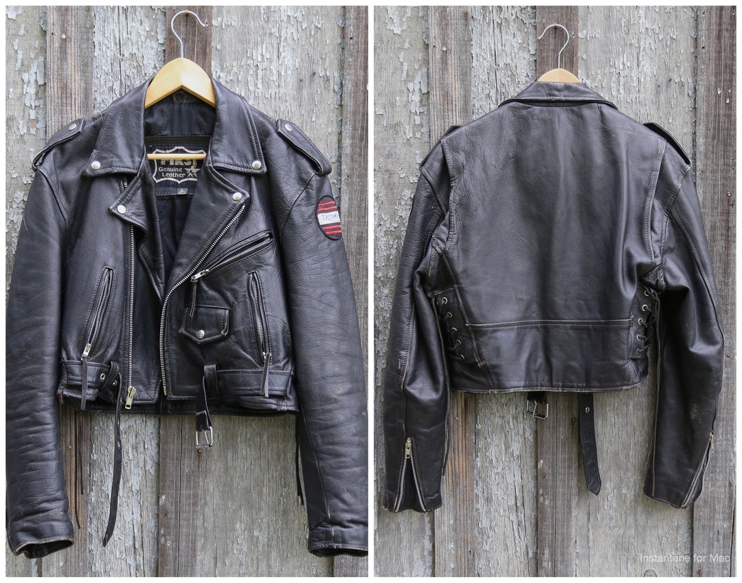 90s black leather stripe moto jacket - L/XL