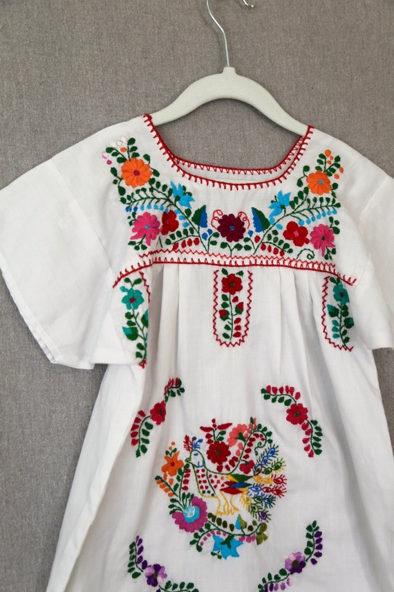 Vintage Girls Mexican PEACOCK Peasant Dress Embro… - image 4