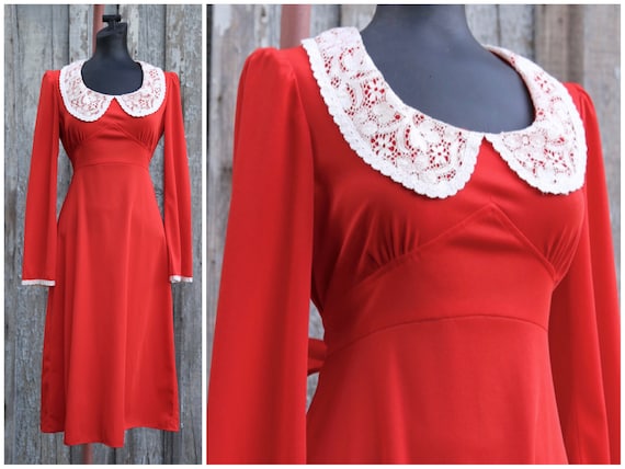 Vtg 60s 70s Red Midi Dress / Big Collar / Lace / … - image 1