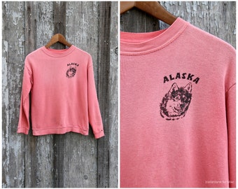 Vtg Souvenir Sweatshirt / 50s 60s  / ALASKA Dog / Pullover / Pink Black / Small
