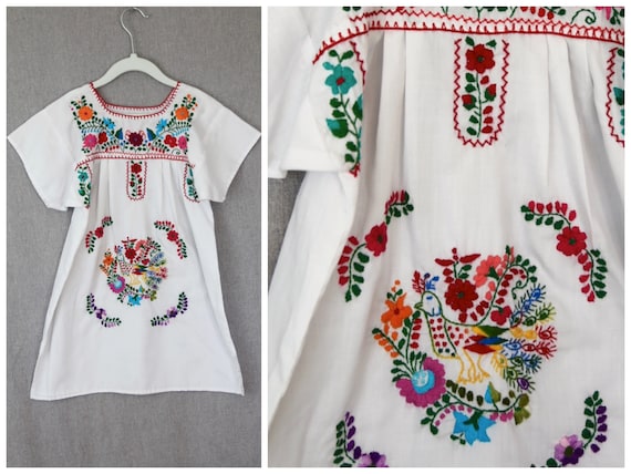 Vintage Girls Mexican PEACOCK Peasant Dress Embro… - image 1