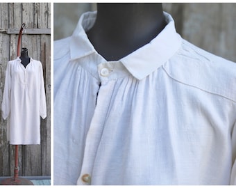 Antique French Linen Cotton Night Shirt / Smock Tunic Collar / Long White Chemise / Edwardian / Dress Hand made