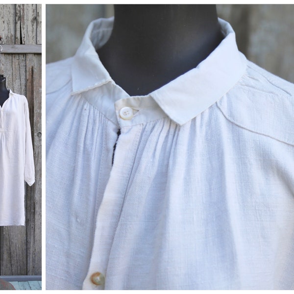 Antique French Linen Cotton Night Shirt / Smock Tunic Collar / Long White Chemise / Edwardian / Dress Hand made