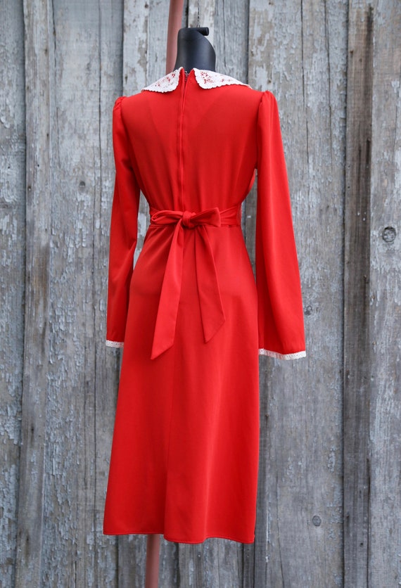 Vtg 60s 70s Red Midi Dress / Big Collar / Lace / … - image 7