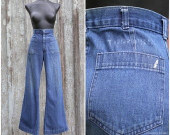 Vtg Navy Dungaree Jeans / STENCIL - THOMPSON / High Waist RISE /  Bell Bottom Wide Leg Flare / 30 X 30