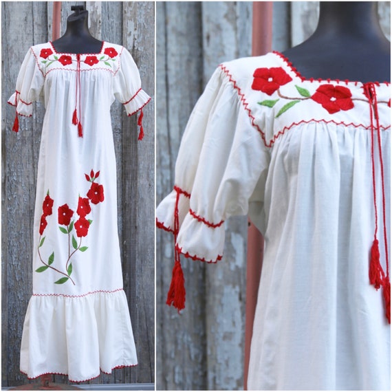 Vtg Hand Embroidered Folk Cotton Peasant Dress / … - image 1