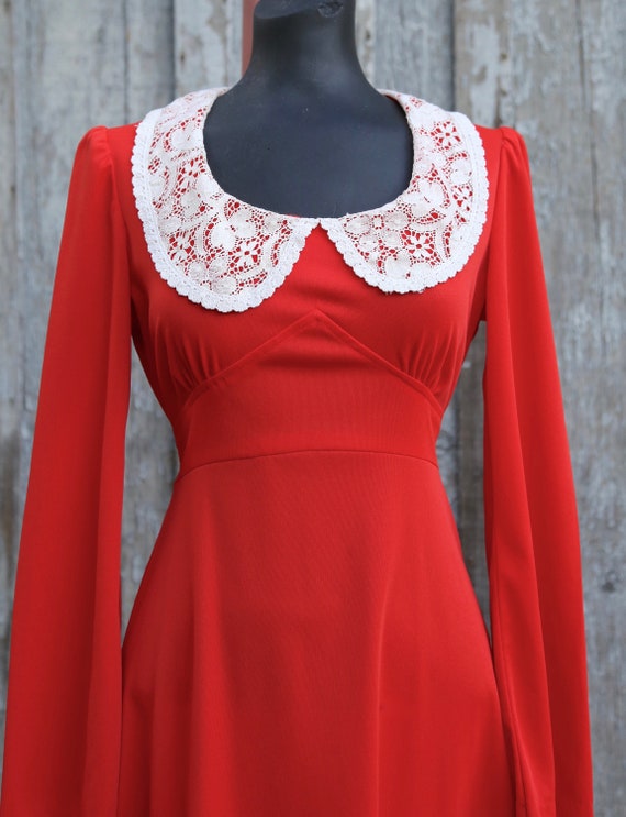 Vtg 60s 70s Red Midi Dress / Big Collar / Lace / … - image 4