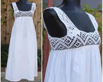 Vtg Edwardian Victorian Dress / White / Slip Sundress / Crochet Yoke / Handmade