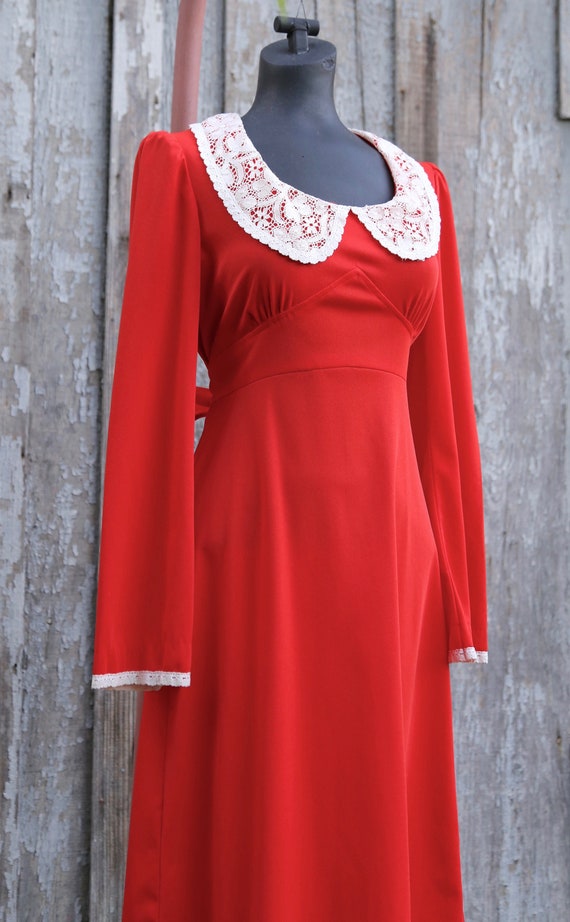 Vtg 60s 70s Red Midi Dress / Big Collar / Lace / … - image 5