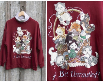Vtg 80s CAT Kitten Sweatshirt / A Bit Unravelled / Turtleneck  Pullover / Xl L