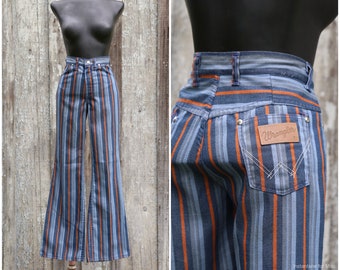 Vintage WRANGLER Pants / 1960s 1970s  / High Rise  / Flare Bell Leg / Made USA / Striped Orange Blue / 27 X 29