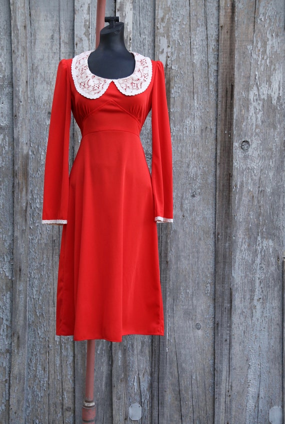 Vtg 60s 70s Red Midi Dress / Big Collar / Lace / … - image 3