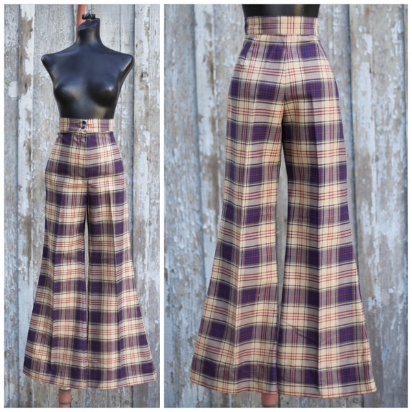 Vtg 60s 70s Plaid Wide Leg Pants / Bellbottom Flare / High Waist / 27 X 31