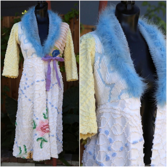 Vtg Chenille Robe / Fuzzy Furry / Colorful / Quilt