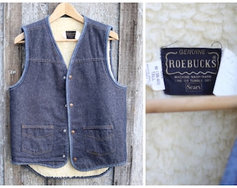 Vtg 60s 70s SEARS ROEBUCKS Vest / Denim Jean Lined / Biker Hippie / Medium