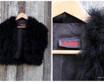 Vtg 70's 80's Marabou Feather / Crop Vest Bolero Jacket / Night Visionz California / Black / Lined  / Small Medium