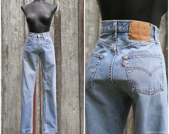 Vtg LEVIS 501  / Made USA / Worn Distressed / Straight Classic Leg Jeans  / 2000's / Medium Light Wash /  Petite / 26 27  X 30