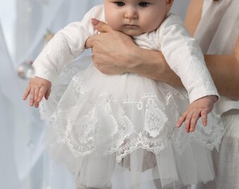 Ivory Lace Baby Romper, 100% Cotton Christening Outfit, Newborn Party Dress, Baptism Gown