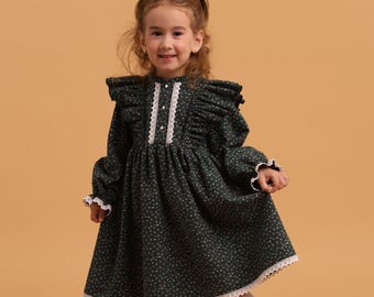 Cotton Dress: Baby Girl Gown, First Holiday, Toddler Vintage Rustic Autumn Outfit