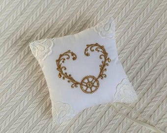 Steampunk Wedding Ring Pillow Custom Embroidery Gear Monogram Ring Bearer Cushion Satin and Lace French Country Wedding Decor