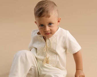 Ukrainian Boys Linen Suit with Embroidery and Cotton Lace Traditional Vyshyvanka Toddler Outfit  Baptism Linen Set Eco-Friendly Kids Clothes
