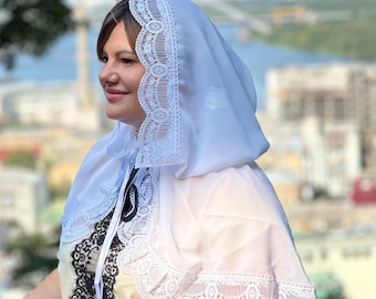 White Lace Church Veil Hood, Catholic Chapel Veil, Orthodox Wedding Head Covering, Mantilla Veil, Bridal Lace Hooded Wrap, Modest Shawl