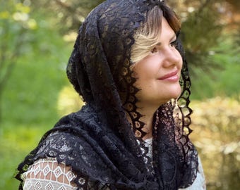 Foulard noir en dentelle de prière : voile orthodoxe, couvre-chef pour église funéraire, châle de deuil chrétien et catholique