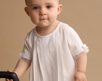 Linen Christening Gown Boy Girl Baptism Shirt Baby White Dedication Outfit Natural Lace Christening Robe Unisex Baptismal Gown Heirloom Gift