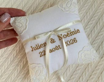Steampunk Wedding Ring Pillow Custom Embroidery Gear Monogram Ring Bearer Cushion Satin and Lace French Country Wedding Decor