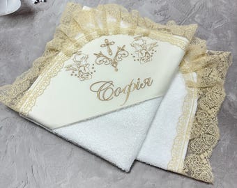Personalized Christening Blanket: Cotton Hooded Baby Baptism Towel