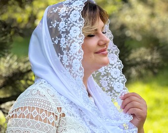 Silk Satin lace Mantilla in White or Ivory, Embroidered Lace Church Head Covering, Baptism Scarf, Catholic Chapel