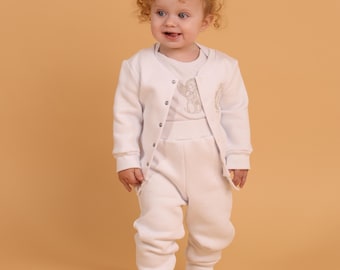 Personalized Baby Set with Initial Crest, Turkish Footer Knit Tracksuit, Custom Newborn Coming Home Outfit, Soft Warm Infant 2 Piece Set