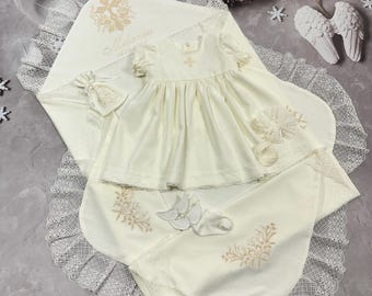 Linen Christening Set for Girl, Baptism Outfit with Lace, Personalized Kryzhma Towel, Baby Girl Naming Ceremony Set, Linen Blessing Dress