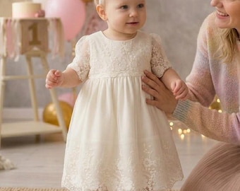 Ivory Lace Baby Girl Dress, Christening Gown, Baptism Dress for Baby Girl, Floral Headband Set, First Birthday Outfit, Photo Prop