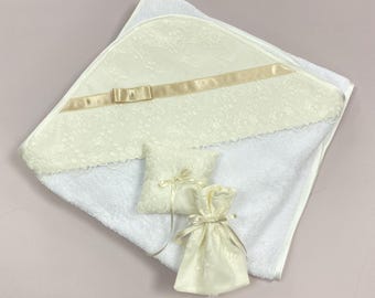 Luxury Hooded Baptism Towel with Swarovski Crystal, Turkish Terry Christening Blanket, French Satin Trim, Lace Keepsake Set