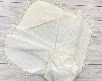 Luxury Baby Baptism Towel with Swarovski Crystal,Embroidered Lace Christening Blanket, Soft Cotton Terry Kryzhma, Personalized Catholic Gift